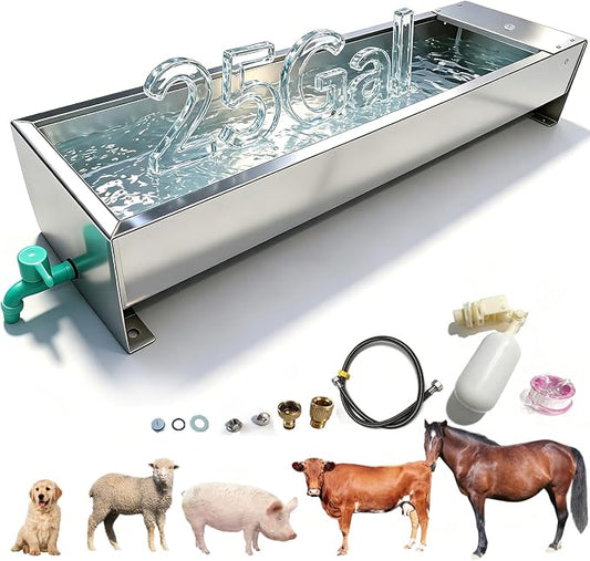 Automatic Livestock Water Trough 25 Gallons/100 Quart Livestock Waterer Animal Stainless Steel Larger Automatic Waterer with Float Valve Kit for Goat Cattle Horse Hog Dog Outdoor