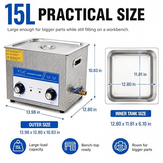 15L Ultrasonic Cleaner Machine with Heater, Professional Industrial Ultrasonic Cleaner 40kHz Stainless Steel Parts Cleaner for Automotive Parts, Tools, Carburetors, Jewelry and Workshop Maintenance