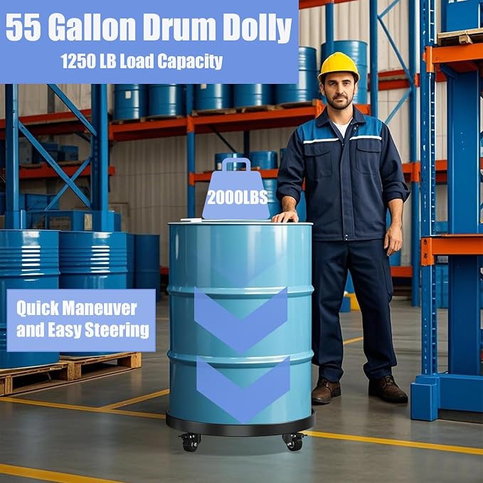 55 Gallon Drum Dolly Heavy-Duty All-Steel Barrel Cart with Cross Braces, 4 Swivel Caster Wheels, 2000 lbs Capacity Non-Tipping Hand Truck for Warehouse Drum Handling & Transport