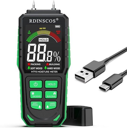 RDINSCOS Rechargeable Moisture Meter for Wood, Walls & Hardwood | Pin-Type Digital Moisture Tester, Large Color Display, Automatic Alarm, Calibration & HOLD Function for Firewood,Lumber