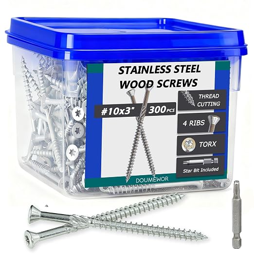 300pcs 304 Stainless Steel Deck Screws #10 x 3'' with Star Torx Drive Flat Head | Exterior Wood Structural Screws 3 Inch Rust Resistant Corrosion Resistance New
