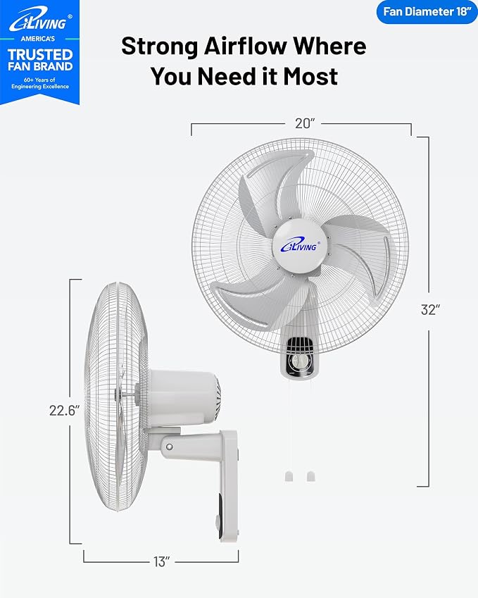 iLiving Glow Oscillating Wall Mount Fan with Adjustable Tilt, 18-inch, 3 Speed, Metal Grille and Blade, 90 Degree Oscillation, Airflow 1650CFM, Ideal for Home, Bedroom, Gym & Office, Greenhouse