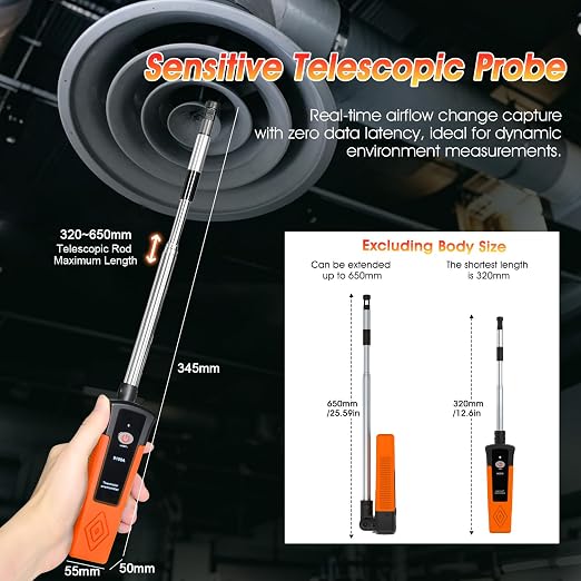 Hotwire Anemometer Handheld for Air Celocity, in-Duct Airflow and Temperature, HVAC Wind Speed Meter with Revolve Telescopic Probe, Bluetooth App, Digital Air Flow Meter CFM Meter GR-9100A