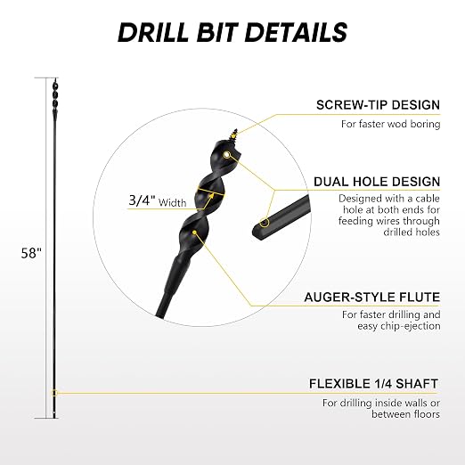 58" Flexible Installer Drill Bit for Pulling Wires in Walls, Ceilings, and Sidewalks, 3/4" Auger with Screw Point & Fish Eye, 1/4" 3-Flat Shank for Wood & Conduits, with Wire Puller & Storage Tube