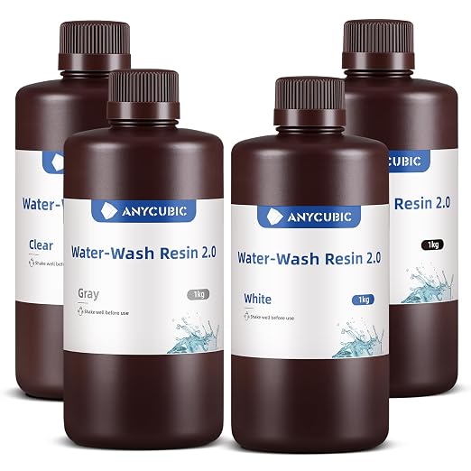 ANYCUBIC Water Washable 3D Printer Resin 2.0 Bundle, 405nm High Precision 3D Resin, Low Shrinkage Photopolymer Resin for LCD Resin 3D Printer (Grey+Clear+White+Black,1kg per Bottle, 4kg in Total)