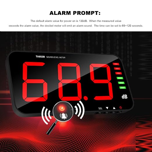 Decibel Meter Digital Sound Level Meter 30-130db Reader Large LCD Display Noise Meter Decibel Wall Mounted Hanging DB Tester with Alarm TA654B