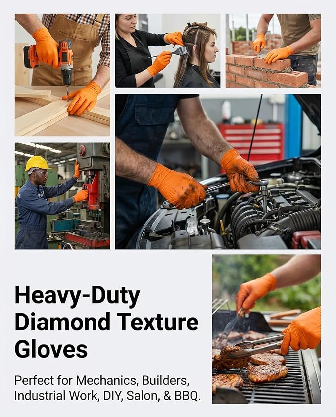 nitroshield 9mil Heavy Duty Disposable Nitrile Gloves,Orange Large 800Pcs -Chemical Resistant, Latex Powder Free Rubber Gloves Diamond Texture for Automotive, Mechanics, Cooking,BBQ, Industrial Use