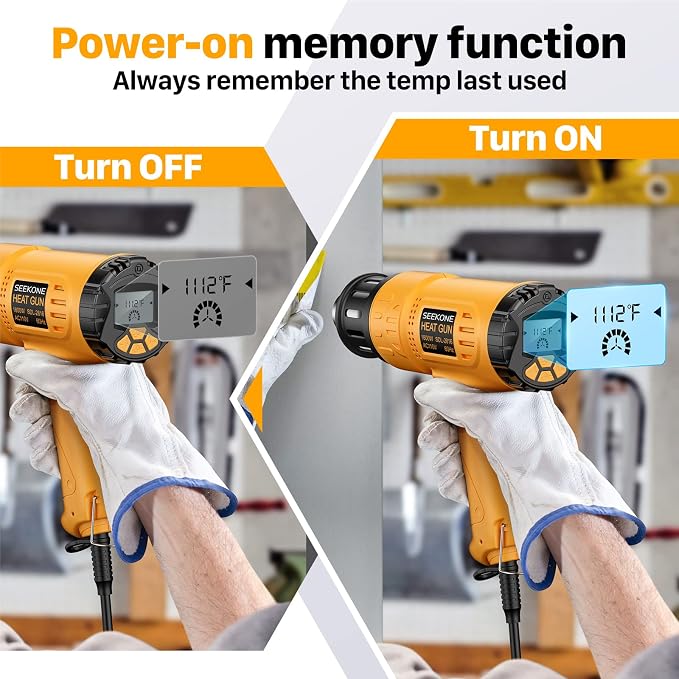 Heat Gun, SEEKONE 1800W Hot Air Gun Kit with Large Digital LCD Display Variable Temperature (122°F-1112°F) Memory Settings and 4 Nozzles for Paint Remover/Stripper, Home Improvement/Restoration