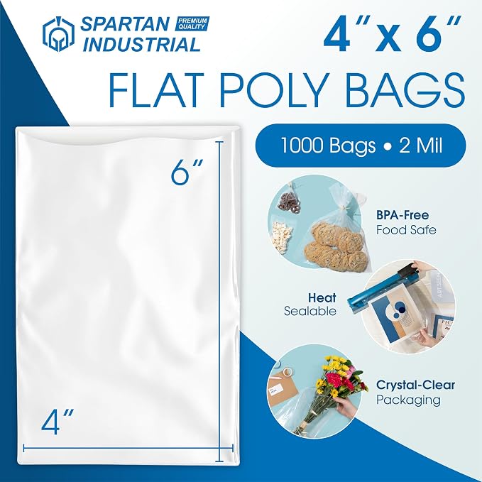 4" X 6" Open-End Flat Poly Bags (1000 Count) - 2 Mil Clear 4X6 Heat Seal Bags for Packaging, Shipping, Storage - No Adhesive Strip - Spartan Industrial