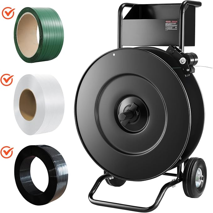 VEVOR Banding Strapping Cart, for PET/PP Coils with 8" or 16" Core, Heavy Duty Strapping Dispenser with Upgrade Drum Brake System, Rubber Wheels and Built-in Spacious Tool Tray, 110 lbs Capacity