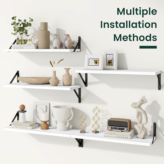 Floating Shelves 8 Inch Deep, 16W x 8D Wall Shelf Set of 2, 35 lbs Heavy Duty Reversible Metal Brackets, Industrial Book Shelf for Living Room Kitchen Bathroom Bedroom Gallery Wall, White