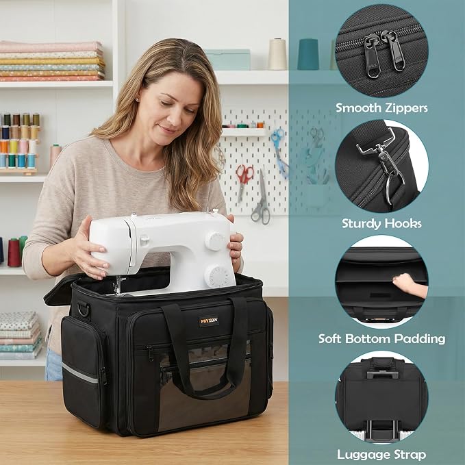 Sewing Machine Case with Wheels - Detachable Rolling Sewing Machine Case Fits Most Standard Sewing Machines And Storage Sewing Accessories, For Singer, Brother, Janome, Black