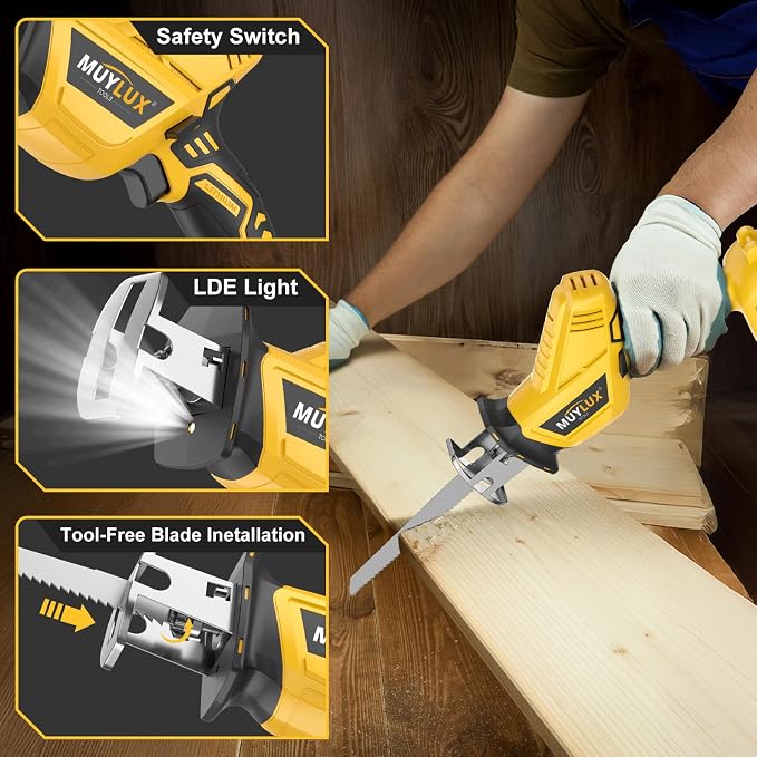 Cordless Reciprocating Saw, Electric Saw with Battery and Charger, 20V Battery Power Saws, 0-3500 SPM Variable Speed, Tool-Free Change, 4 PCS Blades for Wood PVC Metal Pipe Tree Cutting, 2 Batteries