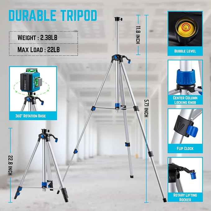 KEZERS Laser Level with Tripod,3 x 360 Self Leveling Laser Level, Green Line Laser 3D Laser Leveler Tool with 2 Rechargeable Batteries for Picture Hanging,Tile,Home Renovation,Indoor