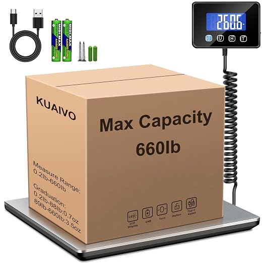 KUAIVO Shipping Scale, 660lbs Heavy Duty Digital Postal Scale for Packages, 0.7oz High Accurate Postage Scale for Small Business, Luggage, Home Use, Battery & Charging Cable Include