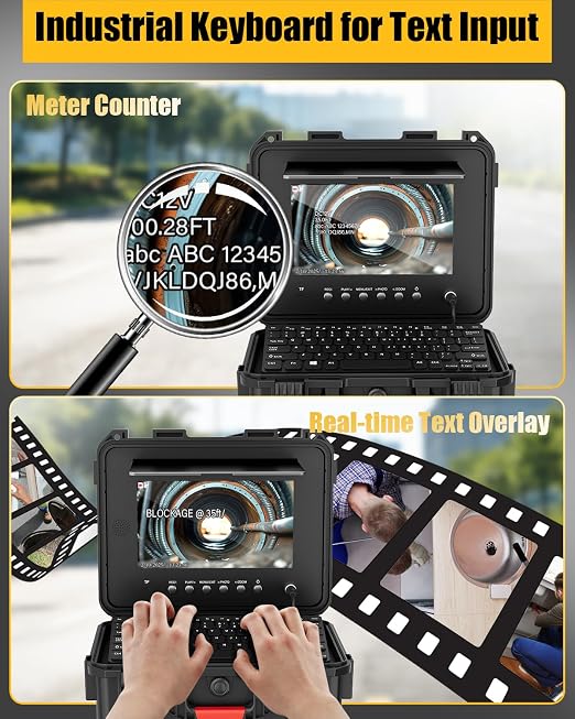 Sewer Camera Self Leveling with 512Hz Sonde & 50m/165ft 7mm Cable, 10" IPS 1080P Drain Camera Pipe Inspection Equipment with DVR Recorder, Keyboard & Meter Counter for Plumbing Professionals