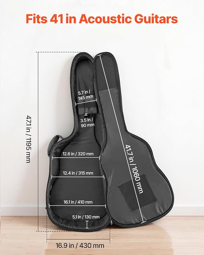 VEVOR Acoustic Guitar Hard Case, 47.1 Inch, Hard-Shell Protective Travel Carrying Case with Accessory Compartment, Foam Padding, Portable Handle, Shoulder Straps, for 41 Inch Acoustic Guitars, Black