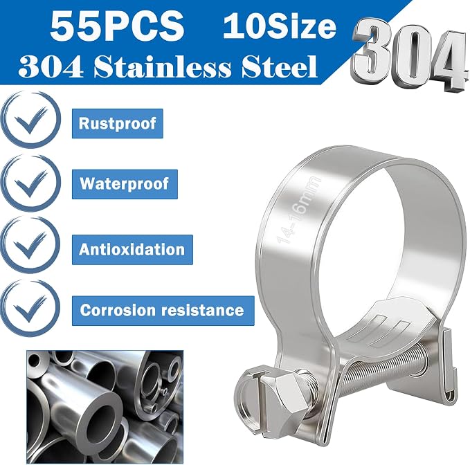Tnisesm 55PCS Mini Fuel Injection Hose Clamps Adjustable 7-18mm 10 Sizes 304 Stainless Steel Fuel Line Clamps Assortment Kit,Hoses Clamps Sleeving,for Automotive Diesel Petrol Pipe