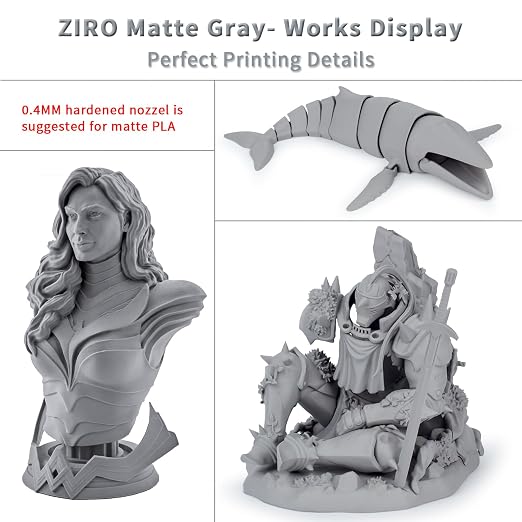 ZIRO Matte PLA Filament 1.75mm,1KG 3D Printer Filament,High Toughness PLA,Dimensional Accuracy +/- 0.03mm, Matte Gray