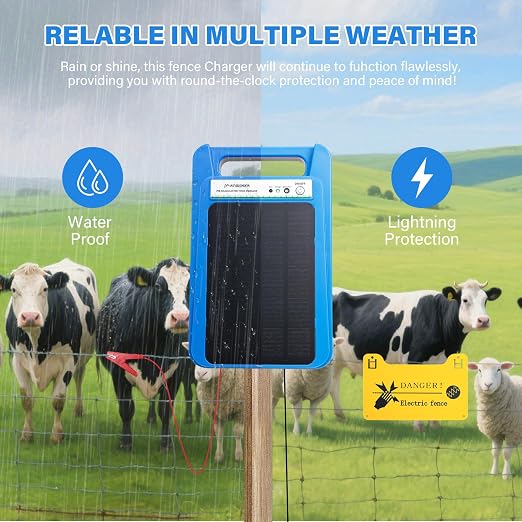 Solar Electric Fence Charger 8 kV Hight Power Energizer, 10000mAh Lithium Battery & 3W Solar Panel - Ideal for Livestock, Pet, Poultry, Gardens, Orchards Protection