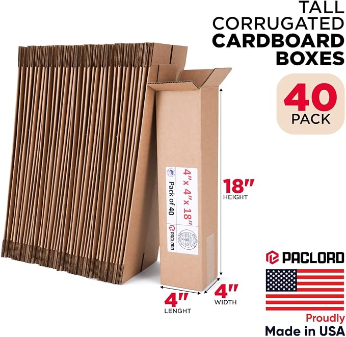 Tall Cardboard Boxes 4"L x 4"W x 18"H (Pack of 40) - USA-Made Packing Boxes for Moving, Shipping, or Storage - USPS, UPS, FedEx Approved - Professional Packing Supplies for Moving | USA-Made Packing Boxes for Moving, Shipping, or Storage - USPS, UPS, F...