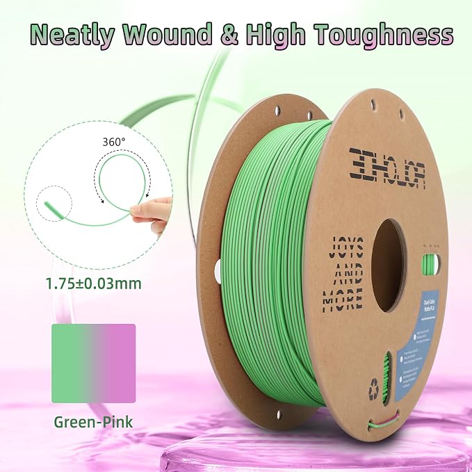 3DHoJor Dual Color Matte PLA 3D Printer Filament 1.75mm 2 in 1 Coextrusion 1KG Spool (2.2lbs) Multicolor PLA with Smooth Matte Finish for FDM 3D Printers-Green Pink