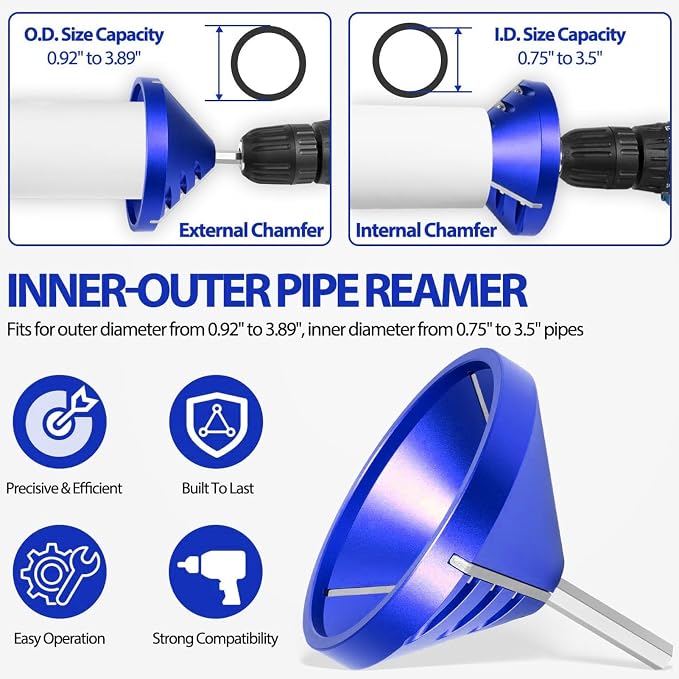 PVC Pipe Deburring Tool Plumbing Tool Pipe Chamfering Tool 3-Blade Drill Attachment for PVC CPVC ABS PP PE Pipes with 0.92in-3.89in OD 0.75in-3.5in ID Blue