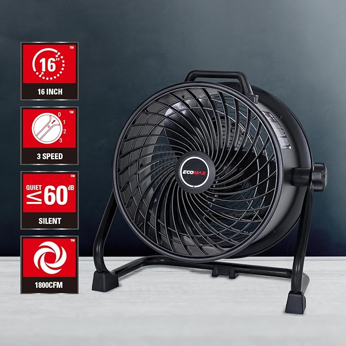 ECOMAX 16 Inch High Velocity Industrial Fan Portable Heavy Duty Drum Fan Metal Shop Fan with 3-Speed 360° Tilting, Floor Fans for Warehouse Workshop Garage, ETL Listed, EMF101618D