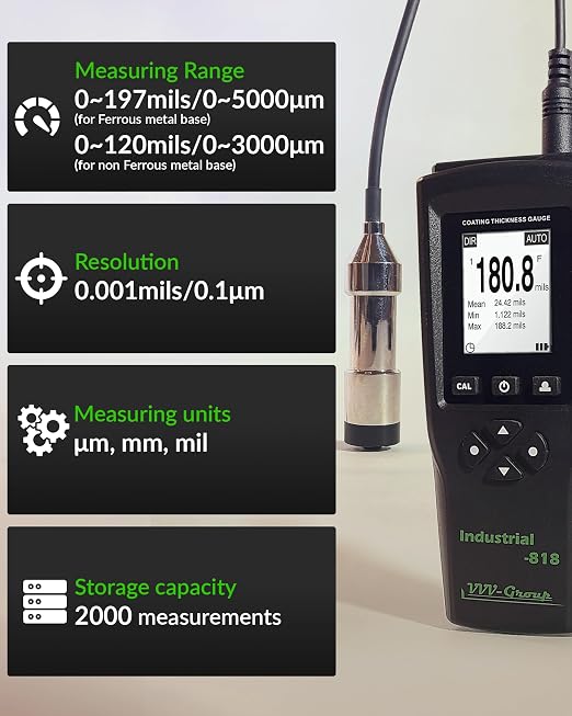 Coating Thickness Gauge Industrial-818 with External Probe – 0–197 mil (0–5000μm) Fe / 0–120 mil (0–3000μm) NFe, 0.001 mil Resolution, Factory/Zero/Multi-Point Calibration, Memory, PC Connectivity