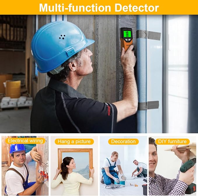 Stud Finder Wall Scanner - 5 in 1 Stud Finder Tool w/Smart Chip and HD LCD Display, Stud Detector Beam Finders for the Center and Edge of Wood AC Wire Metal Studs Joist Pipe (Orange Juice)