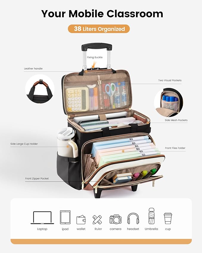 LOVEVOOK Rolling Teacher Bag with Detachable Dolly and Laptop Compartment, Large Rolling Tote Bag fits for 17.3" Laptop for Teacher Office Work Craft Nurse, Black-beige-brown