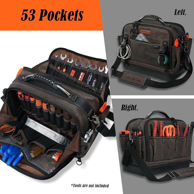 WELKINLAND 53Pockets Hard-Bottom HVAC Bag, Heavy-Duty Electrician Tool Bag,Waterproof Waxed Canvas Tools Bags, Top-Open 16 Inch Tool Bags,HVAC Service Bag For Men