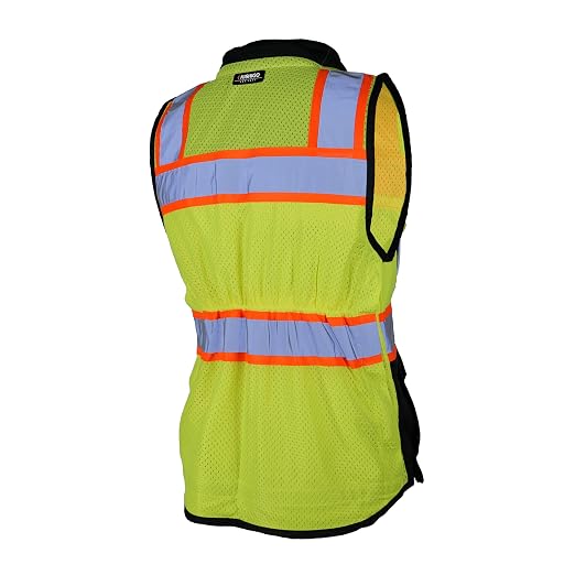 Kishigo Women's High Visibility Reflective Premium Black Series Heavy Duty Surveyors Vest S5021, Zipper Closure, Polyester, ANSI 107 Type R/Class 2, Multiple Pockets for Tools (Lime/Black, M)