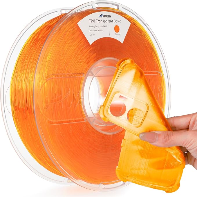 AMOLEN 95A TPU 3D Printer Filament 1.75mm, High Hardness & Resilience TPU Transparent Orange Filament, 1KG Flexible 3D Filament, Dimensional Accuracy +/- 0.02mm, Suitable for Most FDM 3D Printers