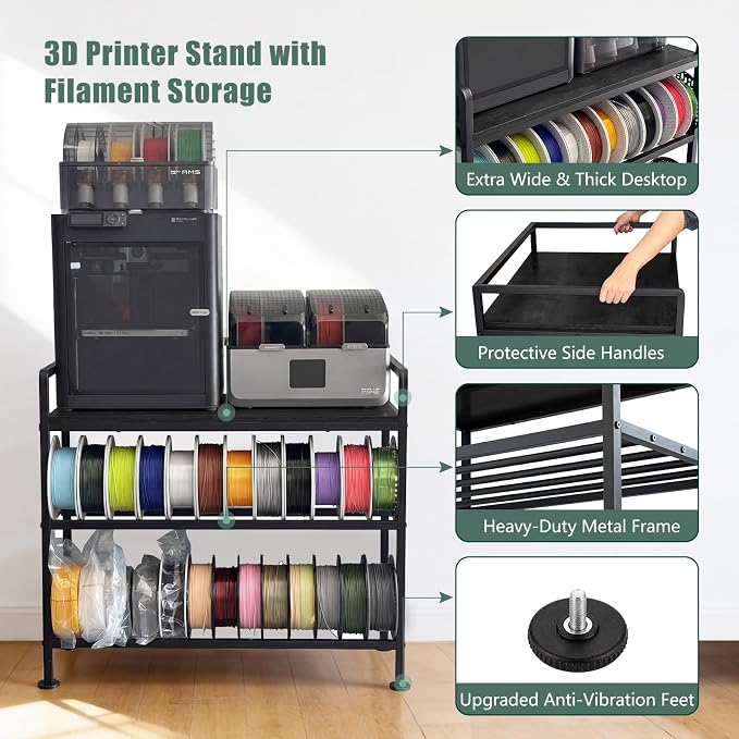 3D Printer Stand with Filament Storage 31.5"x21.6" Printer Table | Wobble-Free, 60 Filament Capacity, I-Beam Reinforced Structure, Anti-Vibration Feet, for Workshop Studio Office