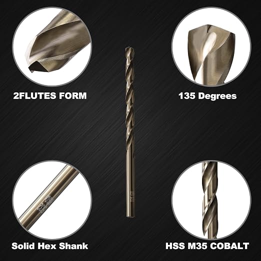 5/32 Cobalt Drill Bit for Metal and Hard Steel(10Pcs),M35 High Speed Steel Twist Jobber Metal Drill Bits,with Index Storage Case