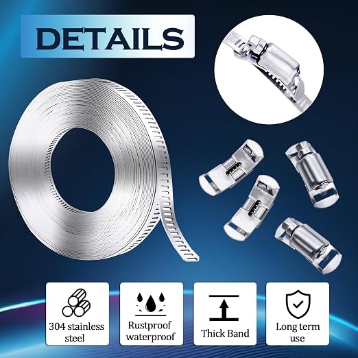 304 Stainless Steel Hose Clamp Assortment Kit,DIY 35FT Metal Strap + 16 Stronger Fasteners,Adjustable Worm Gear Hose Clamps Screw Clamps for Pipe,Tube,Duct and Fuel Line