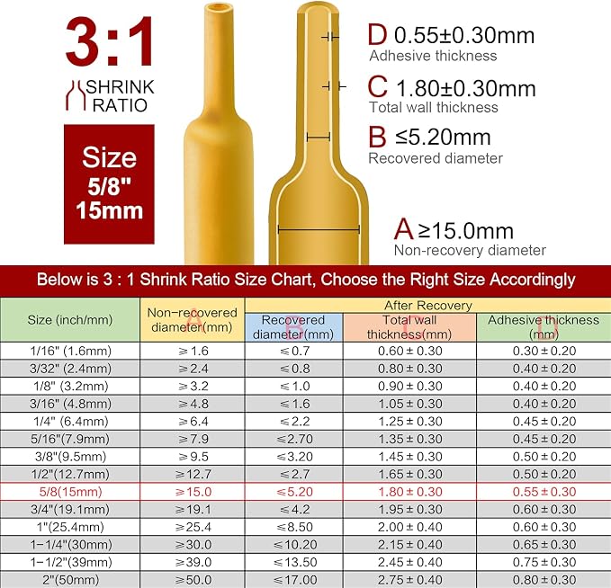 Chanzon 3:1 Ratio - 80ft Roll - Heat Shrink Tubing 5/8" (15mm) - Marine Grade Waterproof Adhesive Lined - (25M Total Length) Yellow Polyolefin Sleeving Wrap Shrinking 3 to 1 Ratio 1pcs