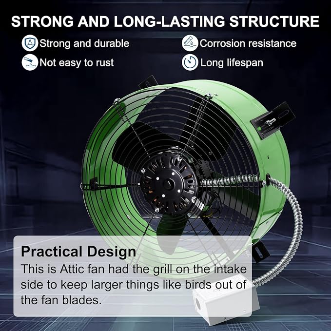Criditpid 15" Gable Mount Vent Attic Fan for Gable, Home, Shed, Garage, Portable Building, Exhaust Ventilation Fan with Adjustable Thermostat 1650CFM, 1075RPM, 3.4A, 2500 Sq.Ft Coverage Area, Green.