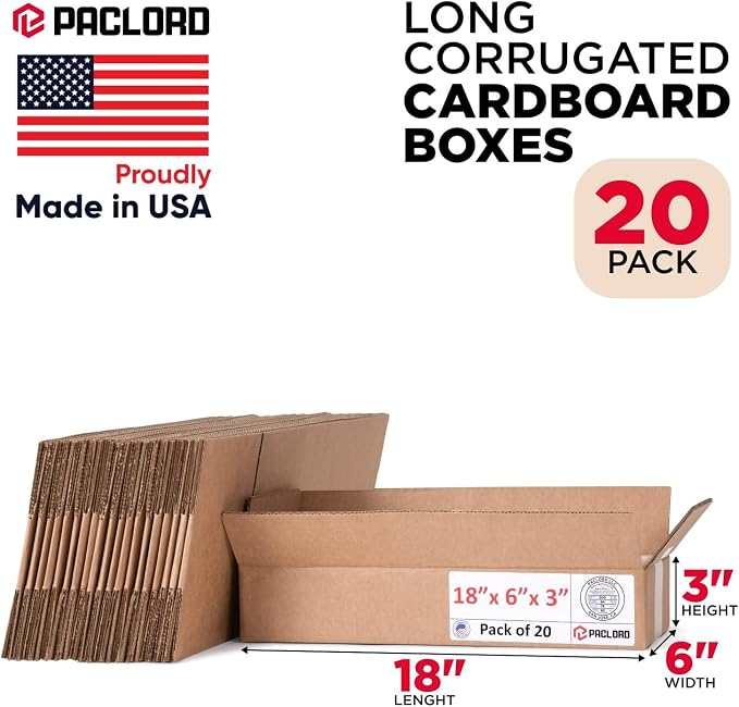 Flat Cardboard Boxes 18"L x 6"W x 3"H (Pack of 20) - USA-Made Packing Boxes for Moving, Shipping, or Storage - USPS, UPS, FedEx Approved - Professional Packing Supplies for Moving | USA-Made Packing Boxes for Moving, Shipping, or Storage - USPS, UPS, F...