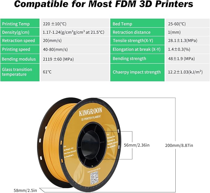 Kingroon PLA 3D Printer Filament, Dimensional Accuracy +/- 0.02 mm, 1 kg Spool(2.2lbs), 1.75 mm，Orange