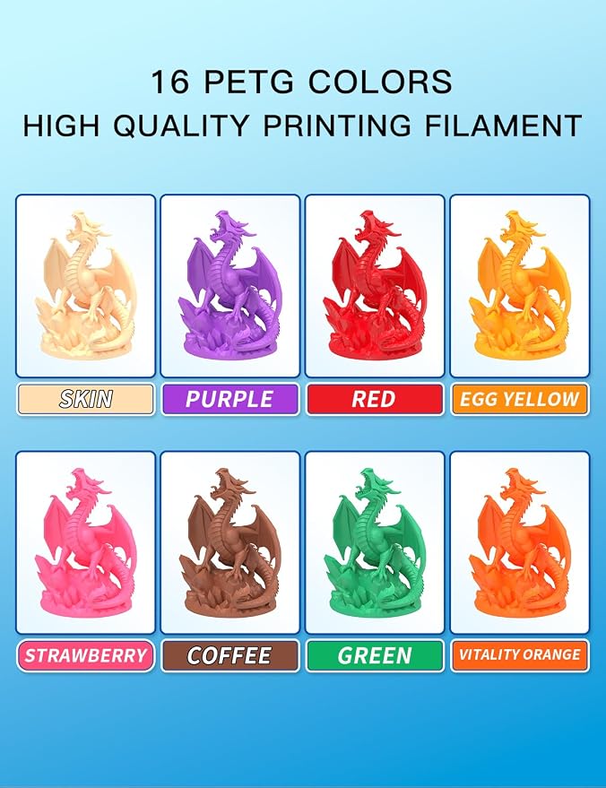 PINBALL PETG 3D Printer Filament 1.75mm High Precision Durable Strong Filament Mith Better Flow Dimensional Accuracy +/- 0.02mm Suitable for Most FDM 3D Printers 4 Kilograms Sixteen Colors