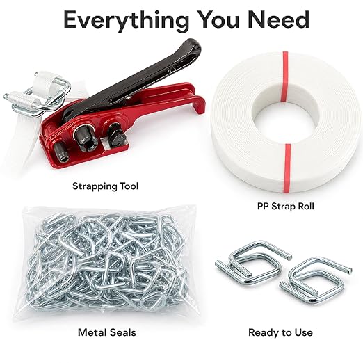 Heavy Duty Woven Pallet Strapping Kit, 3/4"x320' 2000LBS Strap, Tensioner & 50 Metal Buckles | Heavy Duty Woven Strapping Kit: 3/4" 320' 2000LBS, Tensioner & 50 Metal Buckles