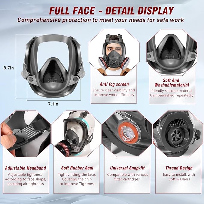 Full Facepiece with Filters, Earplug, & Gloves - Protection Against Painting, Gas, Dust, Chemicals, Organic Vapors, Welding, Polishing, Spraying