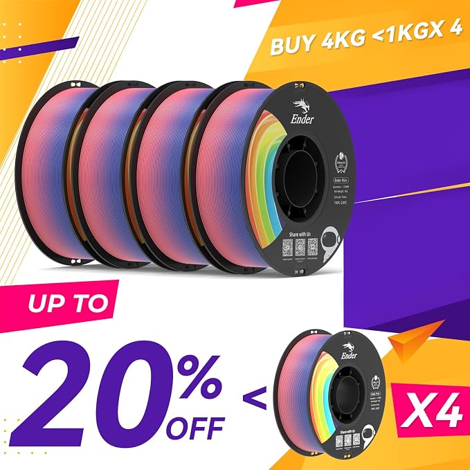Creality 3D Printer Filament 1.75mm, Rainbow PLA+ Plus Pro Filament Toughness Upgraded, Dimensional Accuracy ±0.02mm, Fit Most 3D Printers, 4 Pack 1kg Spool(2.2lbs), Rainbow