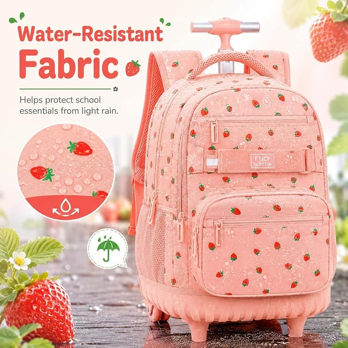 3Pcs Rolling Backpack for Girls Women, Travel Roller Backpacks with Wheels for Adults, Teens College Strawberry Wheeled Bookbag with Lunch Box (Pink)