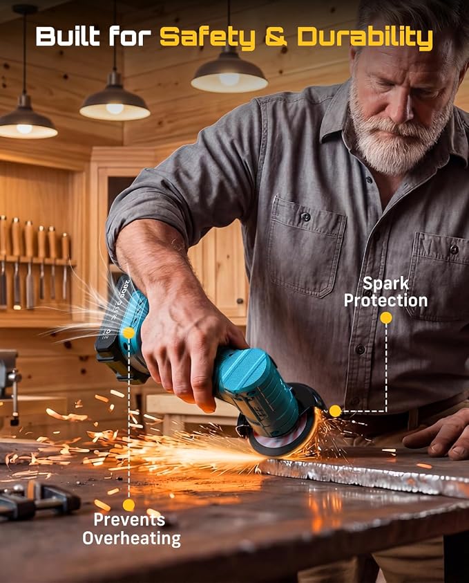 SEESII Cordless Mini Angle Grinder: 3-Inch Brushless Angle Grinder 19000 RPM with 2pcs 21V 2.0Ah Batteries, 7pcs Cutting Discs, 210W Power Electric Grinder Tool for Metal Wood Polishing Rust Removal