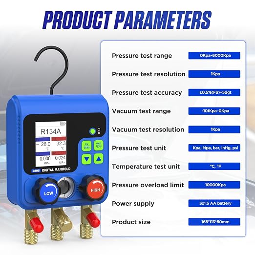PLAYOCCAR HVAC Gauges 92 Refrigerant Digital Manifold Gauge Kits with TFT LCD, Dual Pressure Test for R134A R32 R410A R11 R12 R422 R600 Refrigerant Charging Kit Vacuum Air Conditioning Gauge