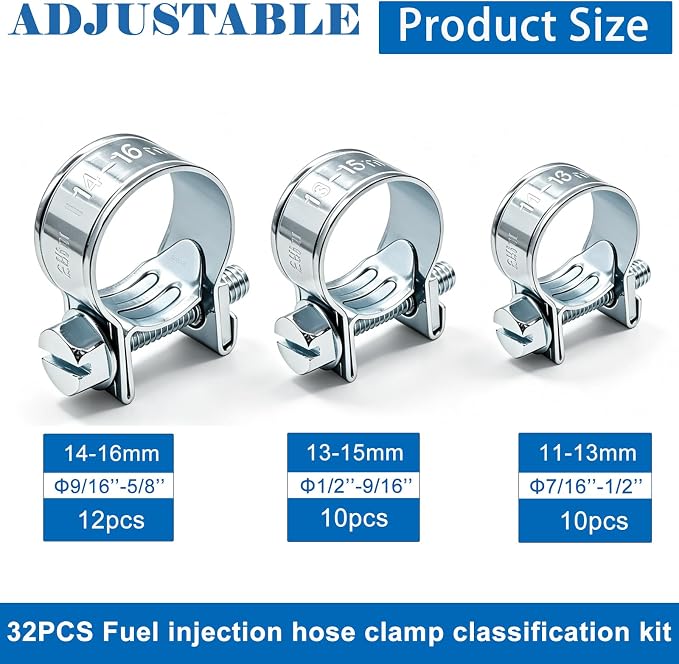 Tnisesm 32Pcs 1/4" 5/16" 3/8" Fuel Injection Gas Line Hose Clamps Clip Pipe Clamp Assortment Kit, Hoses Clamps Sleeving,for Automotive Diesel Petrol Pipe