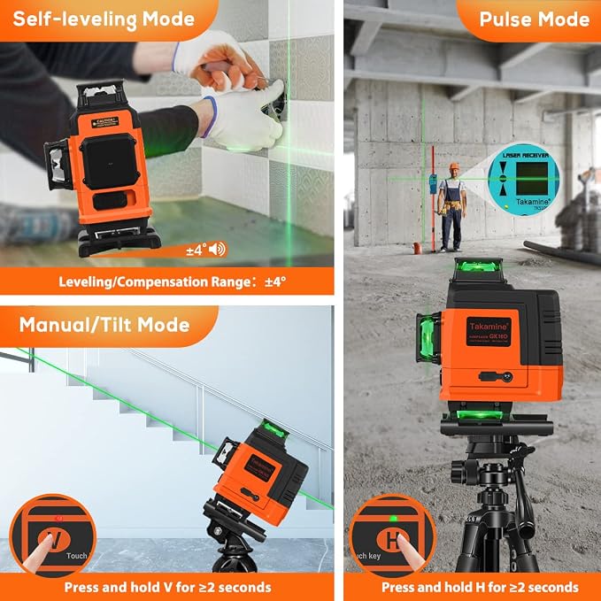 Takamine 16 Lines Laser Level Self Leveling 4x360° 4D Green Cross Line for Construction/Picture Hanging, Remote Controller, Magnetic Stand and portable bag